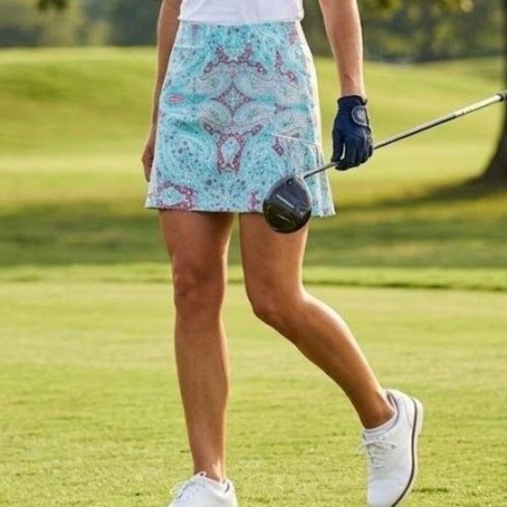 Peter Millar Womens Skort 4 Golf Skirt Pickleball Paisley Aqua Pink Pockets UPF